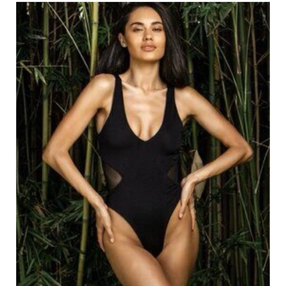 Buffbunny Collection One Piece Swimsuit Womens Small Black Cutout Mesh Swimwear
